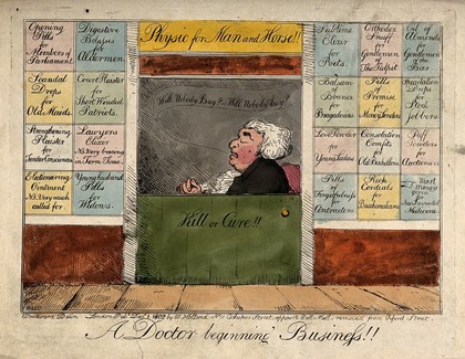 A new apothecary's shop open for business, with parody advertisements for different potions; representing the remedies required for different professions and social types. Coloured etching after G.M. Woodward, 1802.