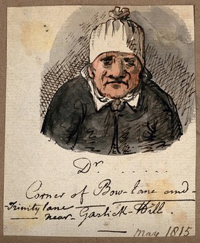 A doctor in a strange hat. Watercolour, 1815.