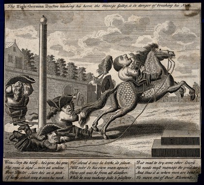 A Dutch quack doctor out of his depth on a spirited horse; implying his medical limitations. Engraving.