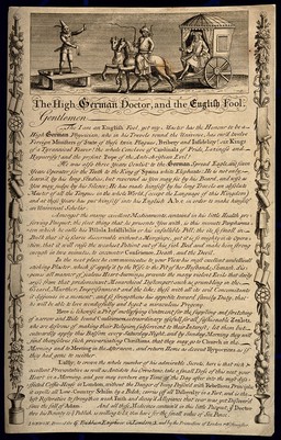 An English fool acting as spokesman for a Dutch quack doctor; an ornate border composed of the paraphernalia of quackery surrounds his proclamation. Engraving by G. Bickham.