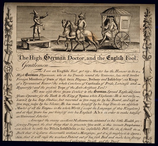 An English fool acting as spokesman for a Dutch quack doctor; an ornate border composed of the paraphernalia of quackery surrounds his proclaimation. Engraving by G. Bickham.