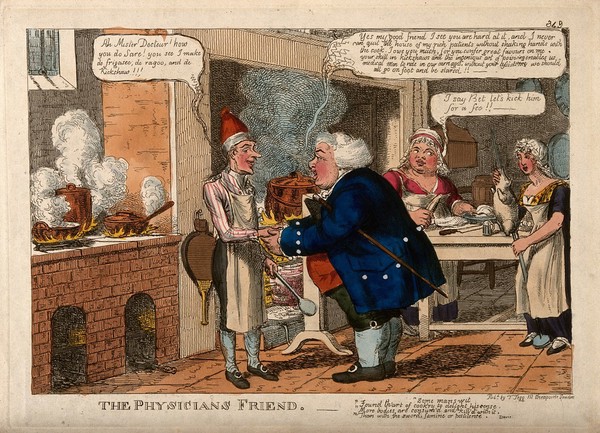 An obese doctor acknowledging the favours of a French chef in his kitchen; denoting their complicity, the chef's food providing patients. Coloured etching by C. Williams, c. 1815.