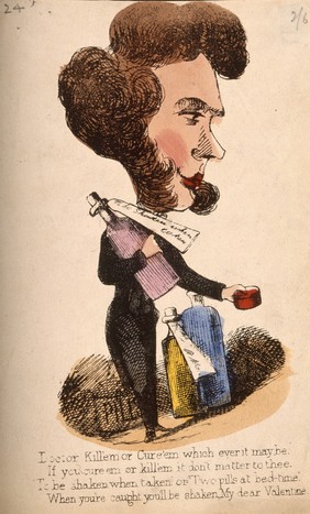 A quack doctor irresponsibly dispensing his potions. Coloured lithograph.