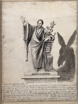 view A statue of a physician as Aesculapius whose shadow forms the shape of a donkey. Pen drawing by Gay-again, 1831.