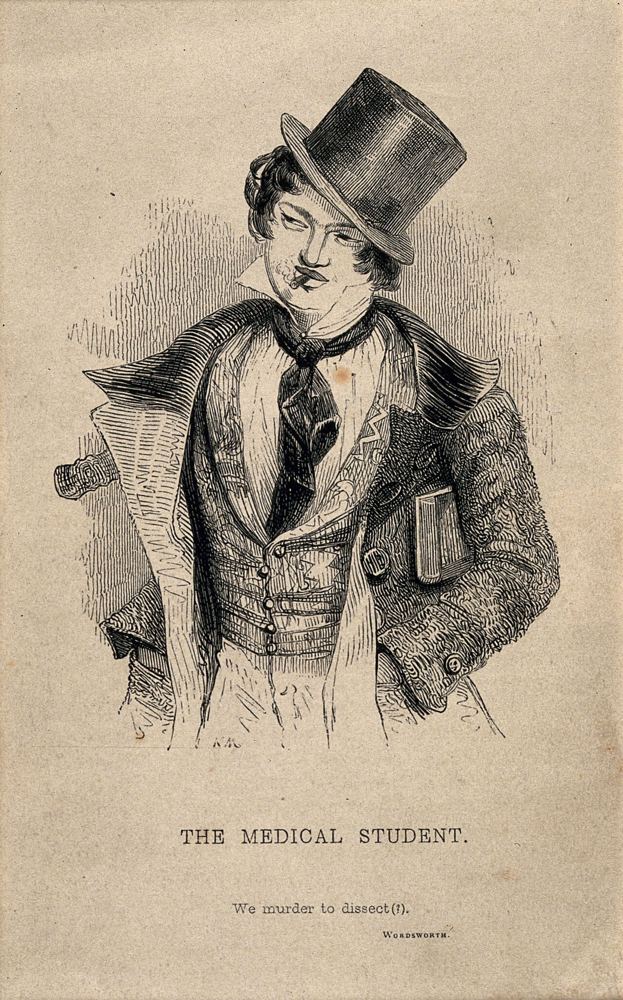 A foppish medical student smoking a cigarette; denoting a cavalier attitude. Wood engraving by J. Orrin Smith after J. Kenny Meadows., 1840, by Kenny Meadows