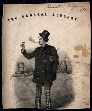 view A foppish medical student smoking a cigarette, a tankard is on top of his medical books; denoting a cavalier attitude. Lithograph, 1854.