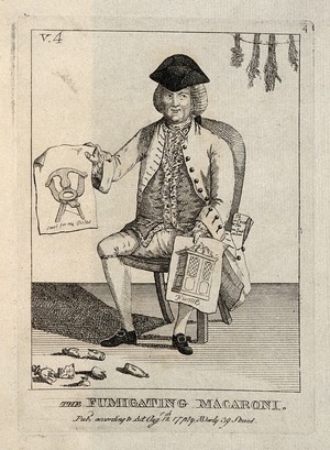 view A foppish fumigator holding a print of a birthing chair (?). Etching, 1772.