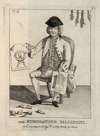 A foppish fumigator holding a print of a birthing chair (?). Etching, 1772.