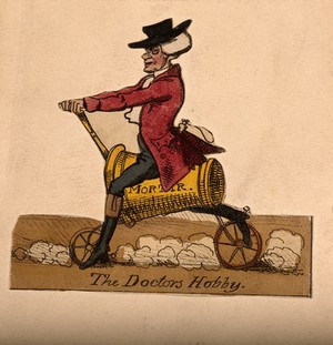 view An apothecary riding a velocipede (bicycle) in the form of a pestle and mortar. Coloured etching, ca. 1819.