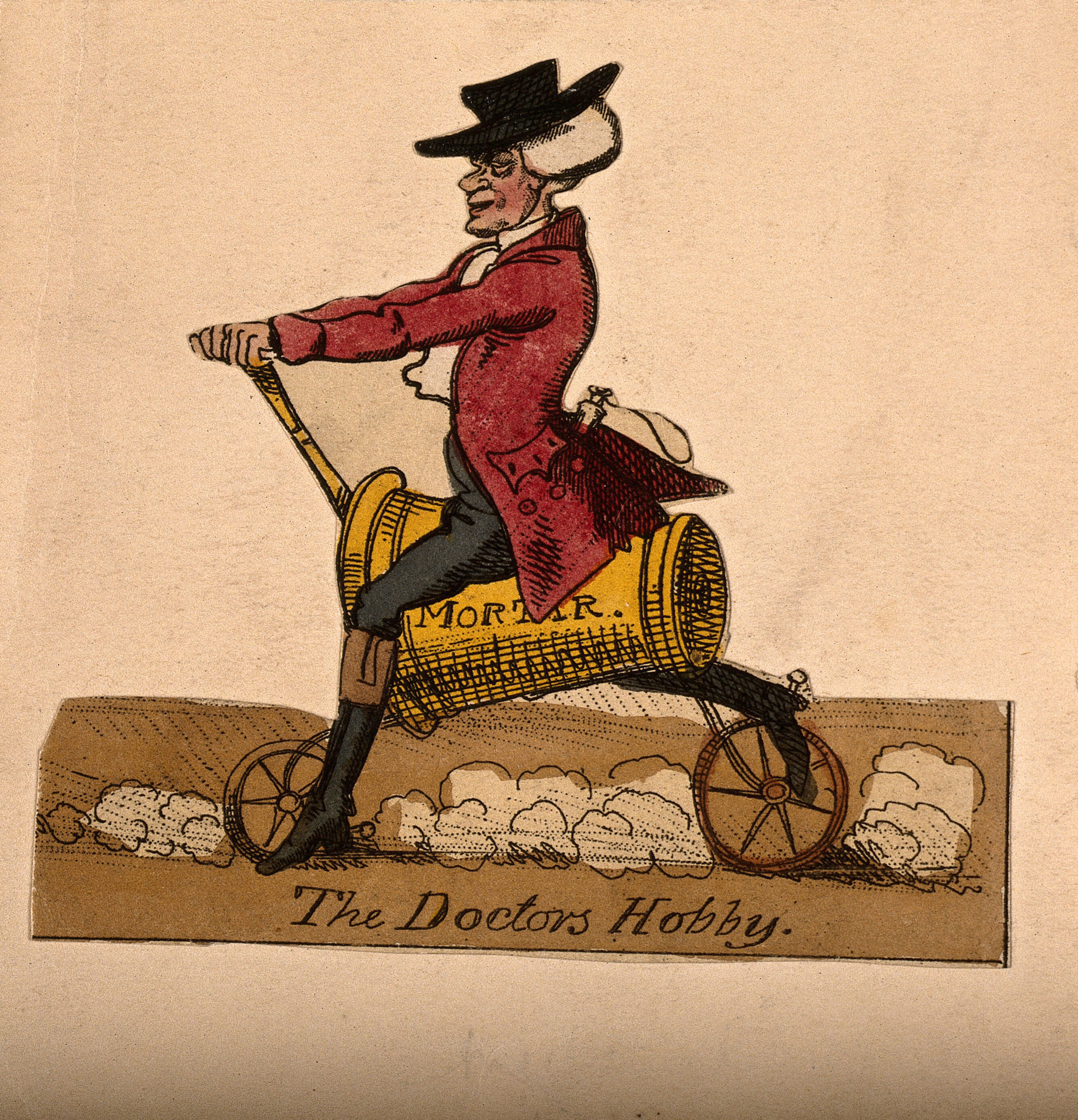 An Apothecary Riding A Velocipede Bicycle In The Form Of A Pestle And Mortar Coloured Etching Ca 1819 Wellcome Collection