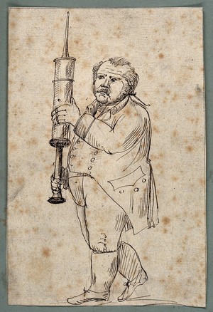 view A man carrying a giant syringe. Pen drawing, ca. 1810.