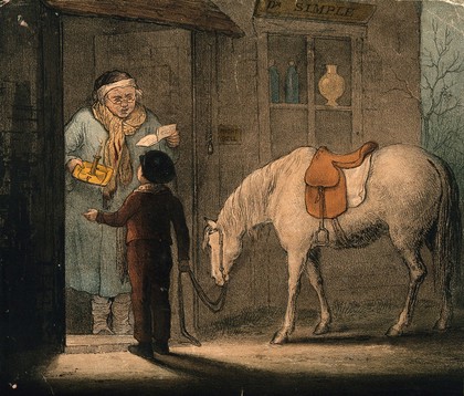 A boy on horseback giving a prescription to a doctor at night. Coloured lithograph.