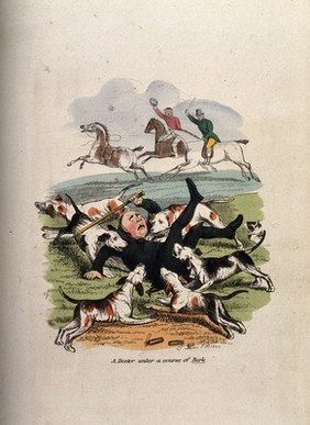 A doctor out hunting: attacked by the hounds, having fallen from his horse. Coloured etching by J.H., 1842.