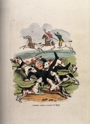 view A doctor out hunting: attacked by the hounds, having fallen from his horse. Coloured etching by J.H., 1842.