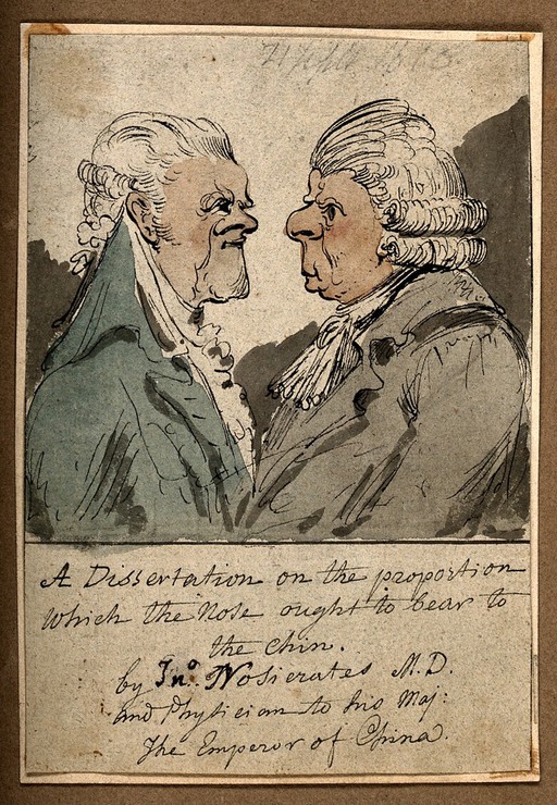 Two men, one with an exaggerated chin, the other with a large nose. Coloured pen drawing attributed to G.M. Woodward.