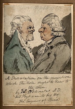 Two men, one with an exaggerated chin, the other with a large nose. Coloured pen drawing attributed to G.M. Woodward.