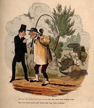 view A man attempting to alert a deaf farmer using an ear trumpet as to the plight of his horses and cart. Coloured etching.