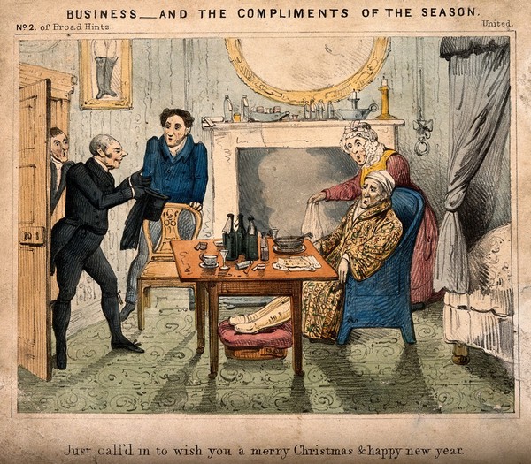 An undertaker drops in to give Christmas and New Year wishes to a sick man. Coloured lithograph, ca. 1830.