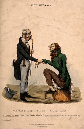 A doctor examining a patient and enquiring about his health, leading to a mis-apprehension. Coloured lithograph, c.1848(?), by Gnat.