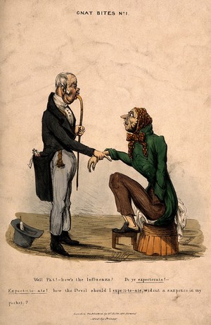 view A doctor examining a patient and enquiring about his health, leading to a mis-apprehension. Coloured lithograph, c.1848(?), by Gnat.