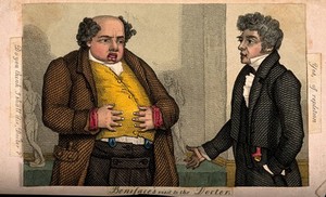 view Boniface consulting a doctor about the fullness of his stomach. Coloured engraving by T.L. Busby, 1827.