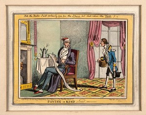 view A town gentlemen exclaiming to his servant about a extremely long doctor's bill. Coloured etching by W. Heath, 1823.