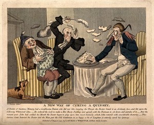 view A doctor and footman hurling pudding at each other in an attempt to make the obese patient laugh in order to cure his quinsey. Coloured engraving by R. Newton, 1797.