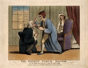 view A patient forcing a doctor to take some of his own medicine. Coloured engraving, 1794.