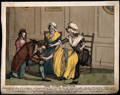 A woman withdrawing her foot in outrage from the care of a corn-cutter who has pretensions to be called a chiropodist. Coloured engraving, 1793.