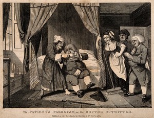 view A doctor being tricked into drinking his own medicine. Engraving, 1784.