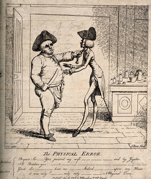A butcher threatening a doctor with revenge for poisoning his wife. Etching by J. Kent, 1782, after P.V.