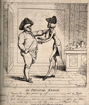 view A butcher threatening a doctor with revenge for poisoning his wife. Etching by J. Kent, 1782, after P.V.