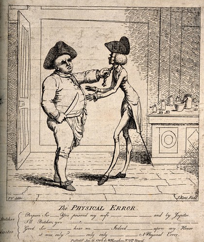 A butcher threatening a doctor with revenge for poisoning his wife. Etching by J. Kent, 1782, after P.V.