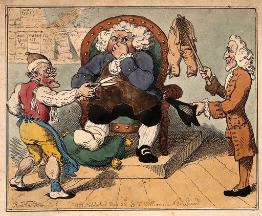 Court hearing of a dispute in which a doctor refuses to pay his tailor for some highly unsatisfactory breeches. Coloured etching by T. Rowlandson, 1802, after G.M. Woodward.