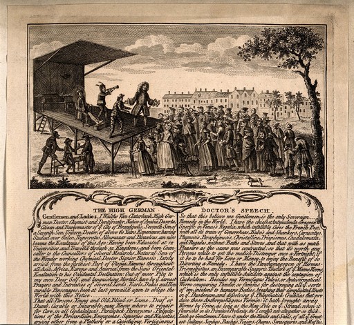 A Dutch quack doctor promoting his wares before an audience of townspeople. Etching.