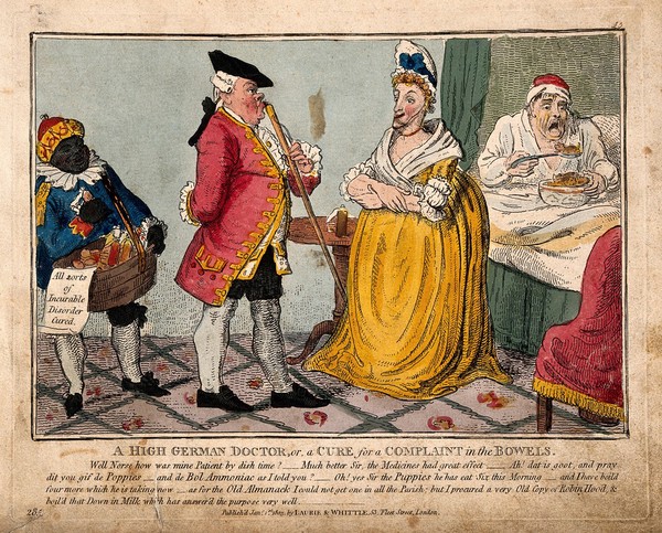 A German quack doctor asks a British nurse about a man with a bowel complaint: misunderstanding the doctor, she has served the patient puppies instead of poppies, and an almanac instead of bole ammoniac. Coloured etching, 1803.