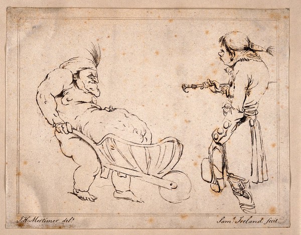 A grossly obese man supporting his stomach in a wheelbarrow, a young fop looks on. Etching by S. Ireland, 178-, after J.H. Mortimer.