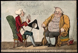 view A doctor reprimanding an obese patient for not taking his medicine. Coloured etching by I. Cruikshank, 1797.