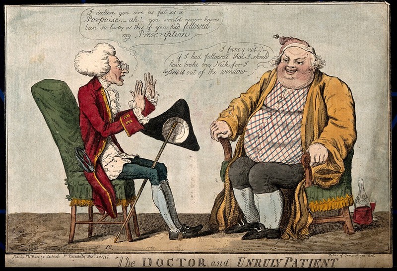 A doctor reprimanding an obese patient for not taking his medicine. Coloured etching by I. Cruikshank, 1797., 20 December 1797, by Isaac Cruikshank