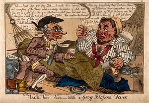 view A doctor trying to administer medicines to a drunken, carbuncled sailor. Coloured etching by W. Elmes after XYZ.