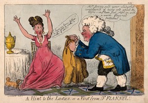 view Dr. Flannel suggests to a fashionable lady that she wear a flannel petticoat to keep her legs warm. Coloured etching by I. Cruikshank, 1807?, after G.M. Woodward.