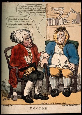 A doctor prescribing continuation of treatment to his reluctant patient. Coloured etching by T. Rowlandson, 1799, after G.M. Woodward.