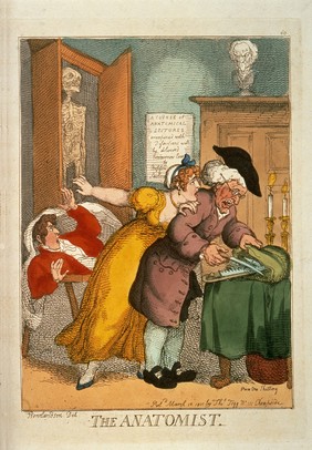 An aged anatomist selecting his dissection instrument while a young woman tries to warn that his subject is alive. Coloured etching by T. Rowlandson, 1811.