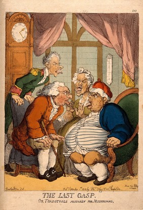 A doctor examining an obese man and his wife and servant for suspected food poisoning from toadstools. Coloured etching by T. Rowlandson, 1813.
