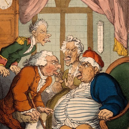 A doctor examining an obese man and his wife and servant for suspected food poisoning from toadstools. Coloured etching by T. Rowlandson, 1813.