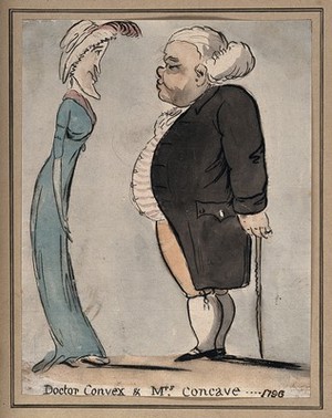 view An obese man talking to a tall lean woman. Pen drawing, 1796.