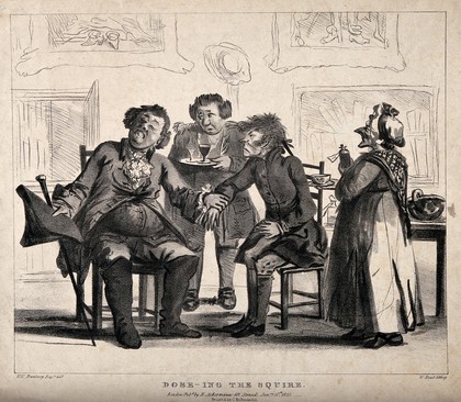 A doctor taking the pulse of a country squire; the smug doctor receives a drink from the butler while his disgruntled patient's medicine is prepared by the maid. Lithograph by W. Hunt, 1825, after H.W. Bunbury.