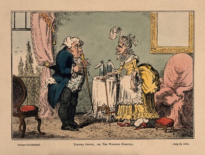 Tabitha Grunt a hypochondriac who appears to suffer from many illnesses, consulting a bemused looking doctor. Coloured reproduction of an etching after G. Cruikshank, 1813.