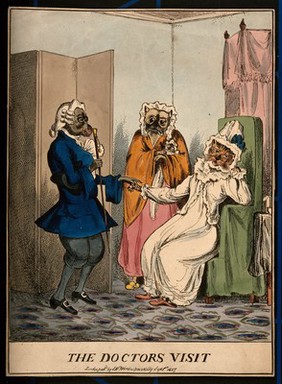 A foppish doctor paying a house call on a young lady with her mother and baby; represented as a mule, a cat, a dog and a kitten respectively. Coloured etching, 1827.