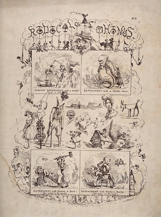 Four ridiculous methods of therapy. Lithograph after J.O. Parry, 1854.